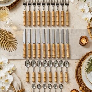 QualityBamboo Handle 48 Piece Flatware Set  Natural Bamboo Wood Finish Serves 12